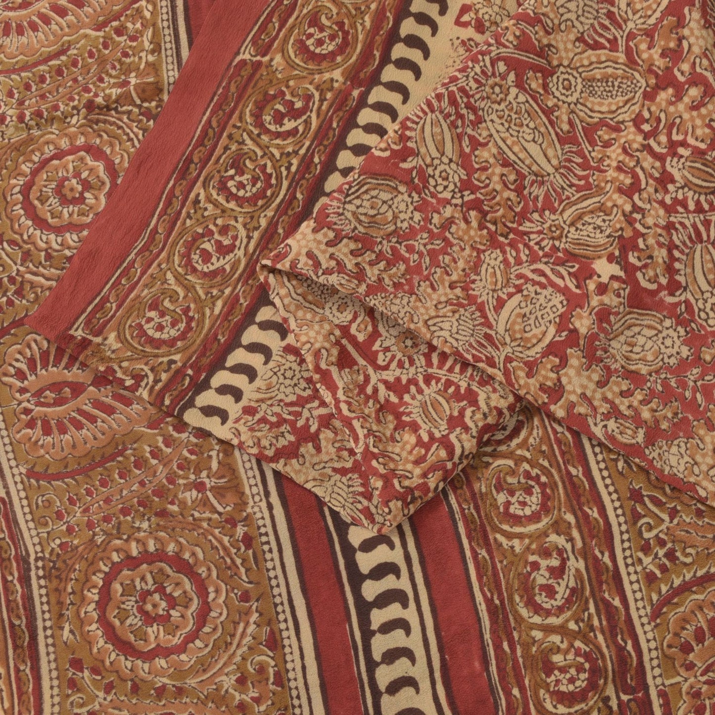 Sanskriti Vintage Soft Red Pure Crepe Sari Handblock Kalamkari Print Saree 5.5Yd