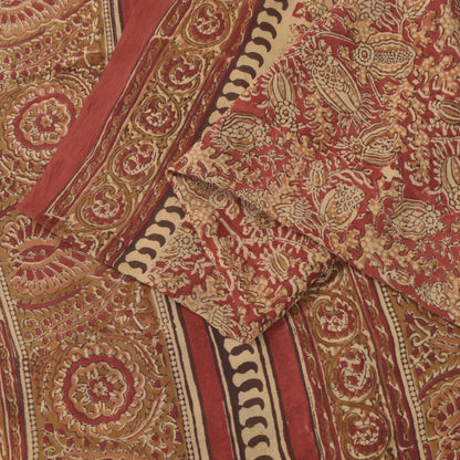 Sanskriti Vintage Soft Red Pure Crepe Sari Handblock Kalamkari Print Saree 5.5Yd