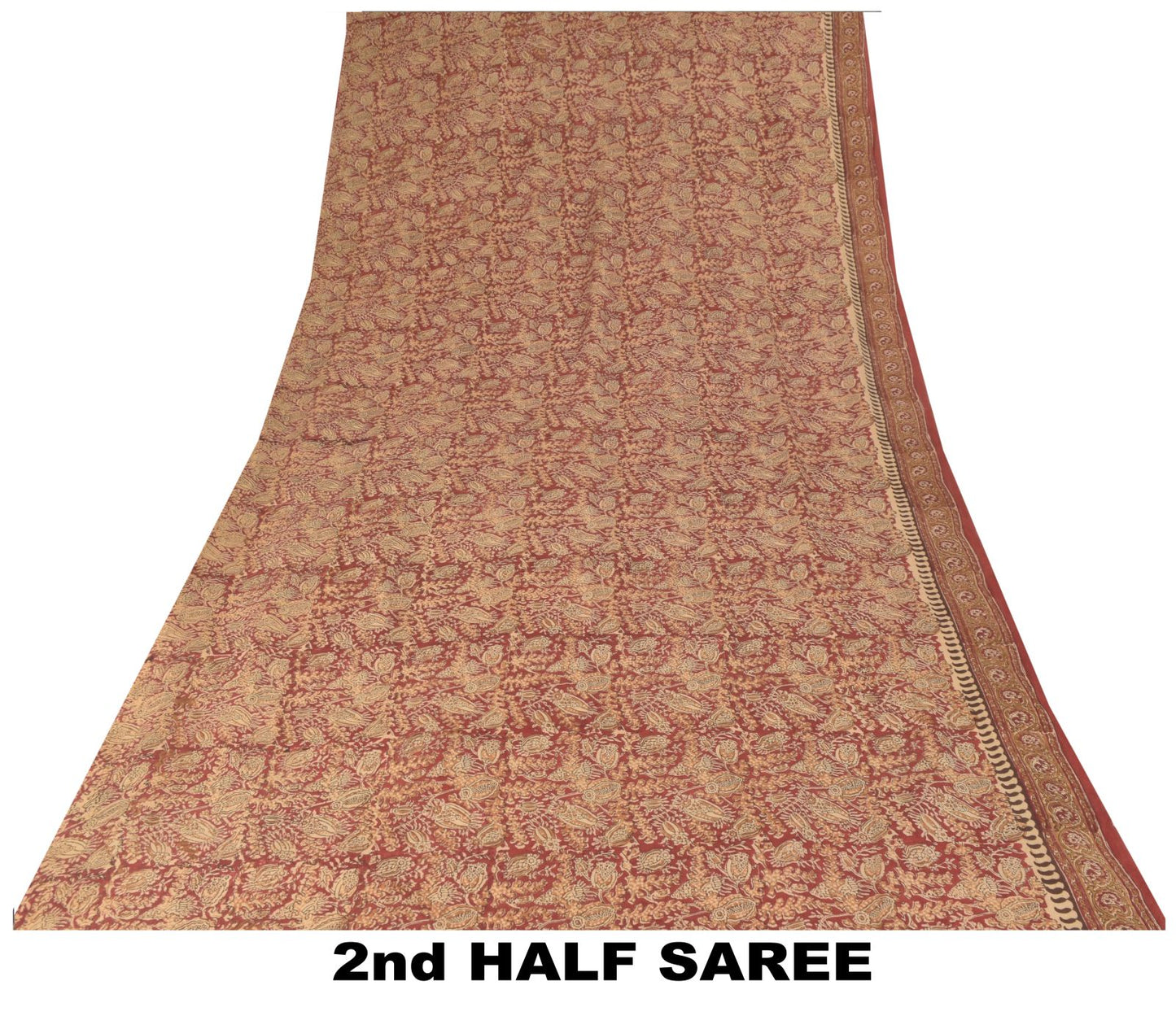 Sanskriti Vintage Soft Red Pure Crepe Sari Handblock Kalamkari Print Saree 5.5Yd