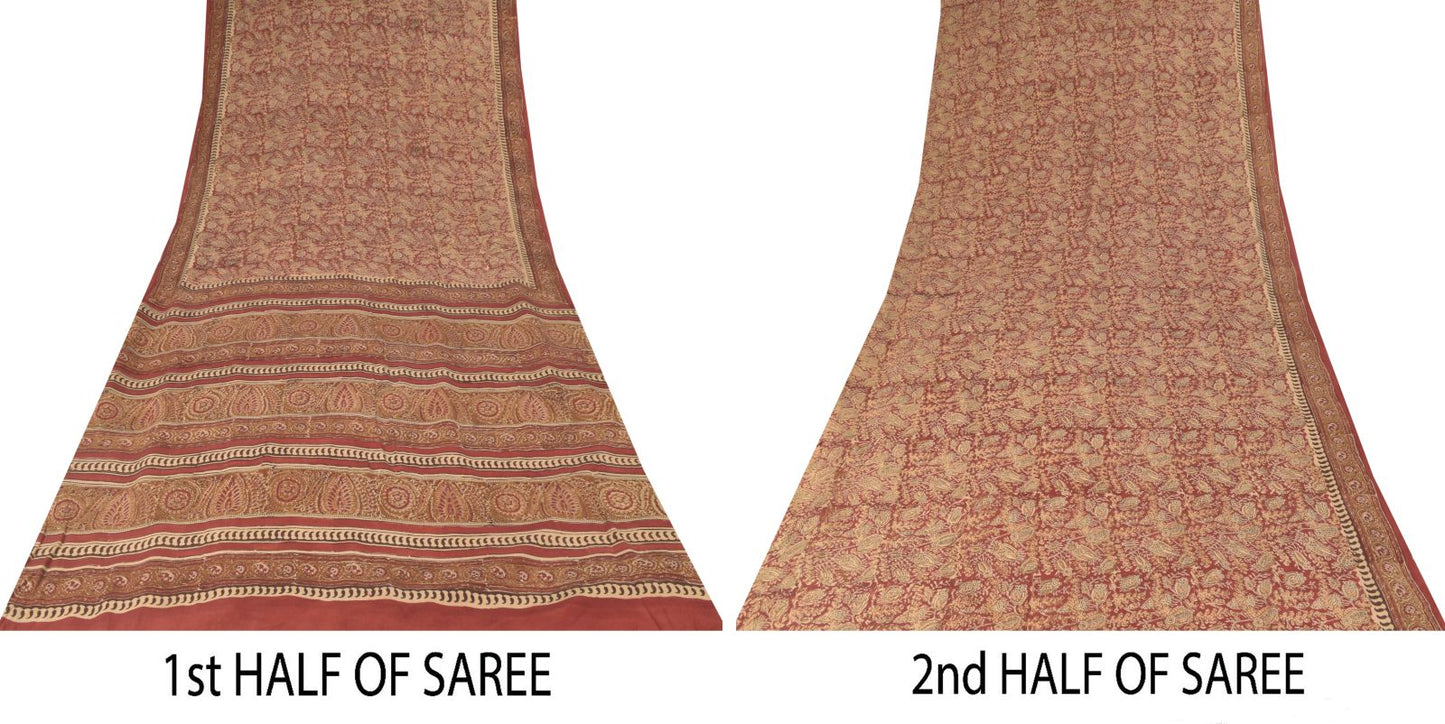 Sanskriti Vintage Soft Red Pure Crepe Sari Handblock Kalamkari Print Saree 5.5Yd