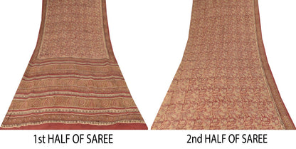 Sanskriti Vintage Soft Red Pure Crepe Sari Handblock Kalamkari Print Saree 5.5Yd