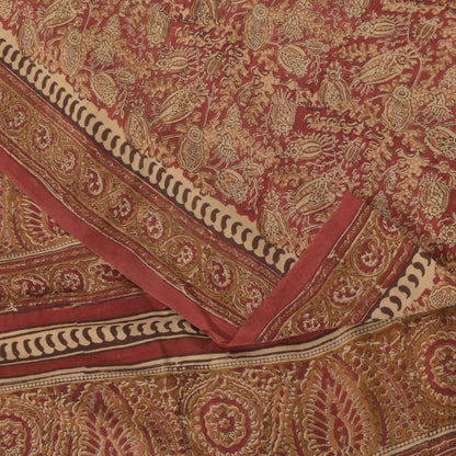 Sanskriti Vintage Soft Red Pure Crepe Sari Handblock Kalamkari Print Saree 5.5Yd
