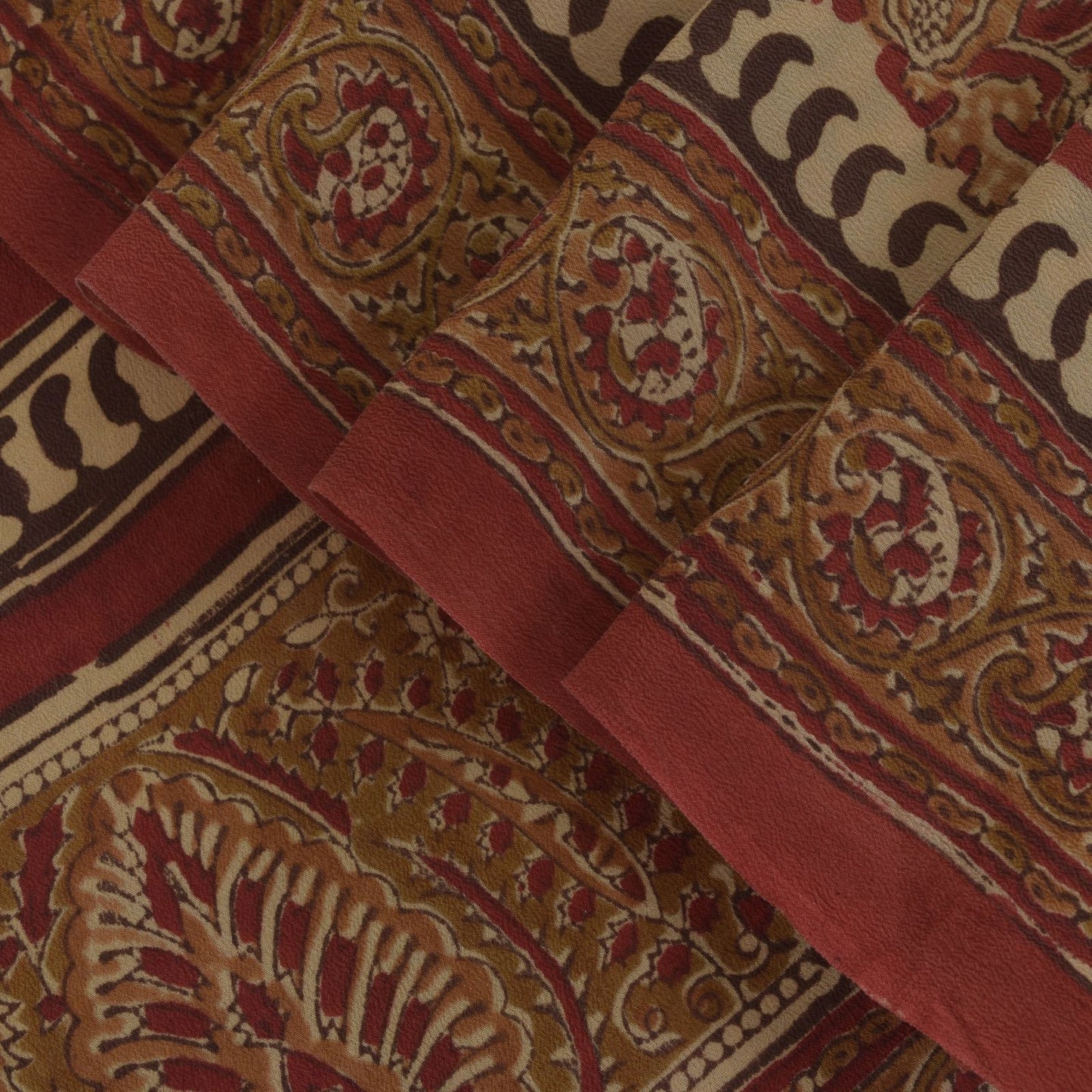 Sanskriti Vintage Soft Red Pure Crepe Sari Handblock Kalamkari Print Saree 5.5Yd