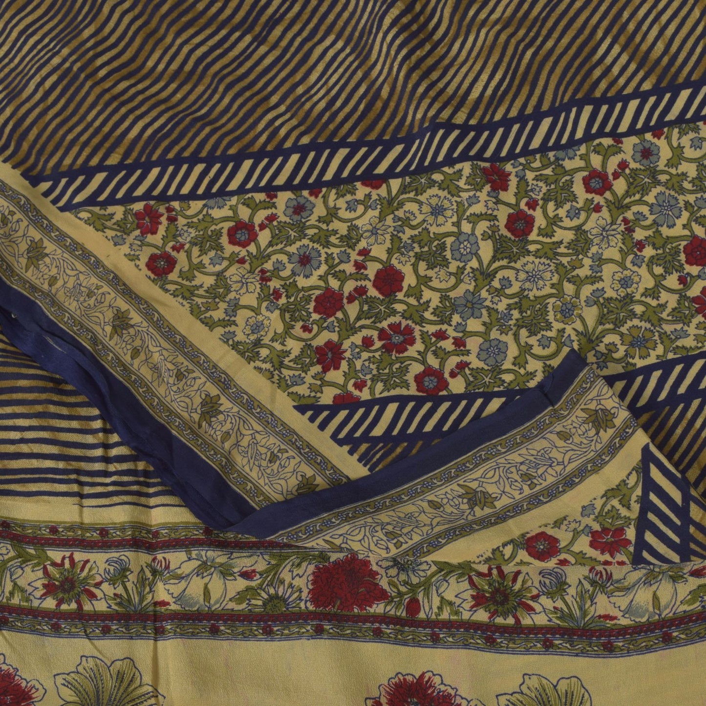 Sanskriti Vintage Soft Cream-Blue Pure Crepe Silk Sari Floral Print Saree 5.5Yd