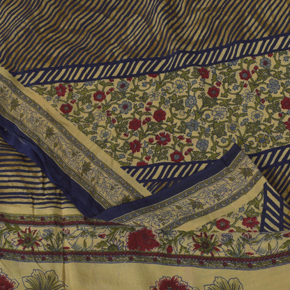 Sanskriti Vintage Soft Cream-Blue Pure Crepe Silk Sari Floral Print Saree 5.5Yd