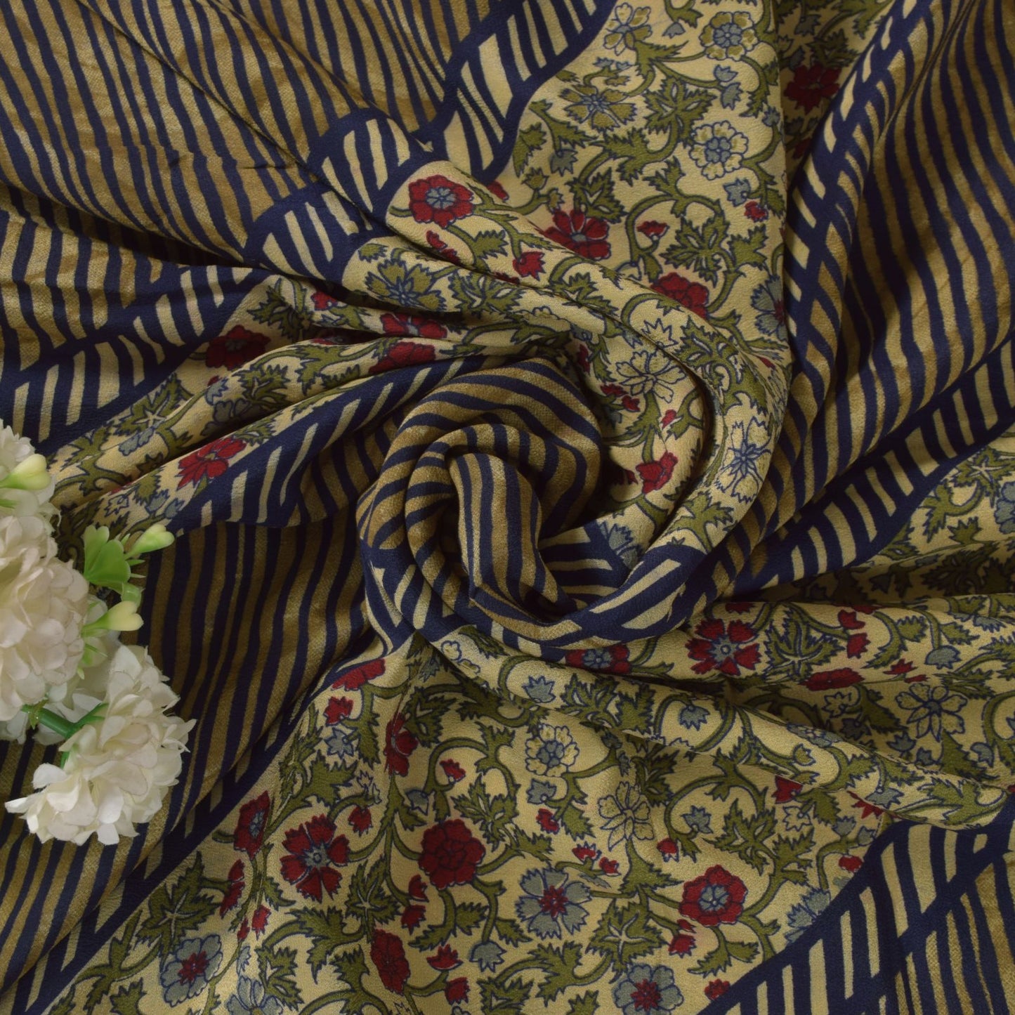 Sanskriti Vintage Soft Cream-Blue Pure Crepe Silk Sari Floral Print Saree 5.5Yd