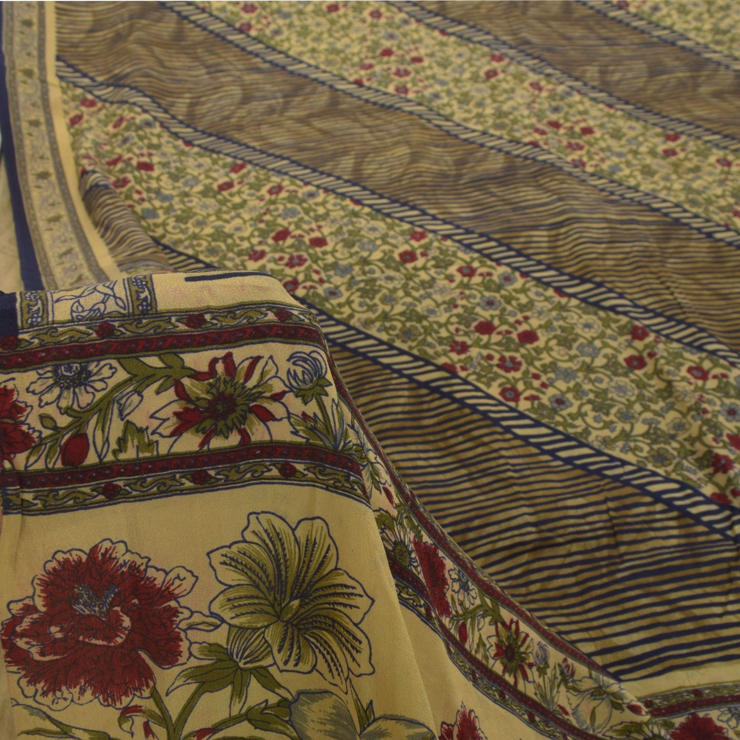 Sanskriti Vintage Soft Cream-Blue Pure Crepe Silk Sari Floral Print Saree 5.5Yd