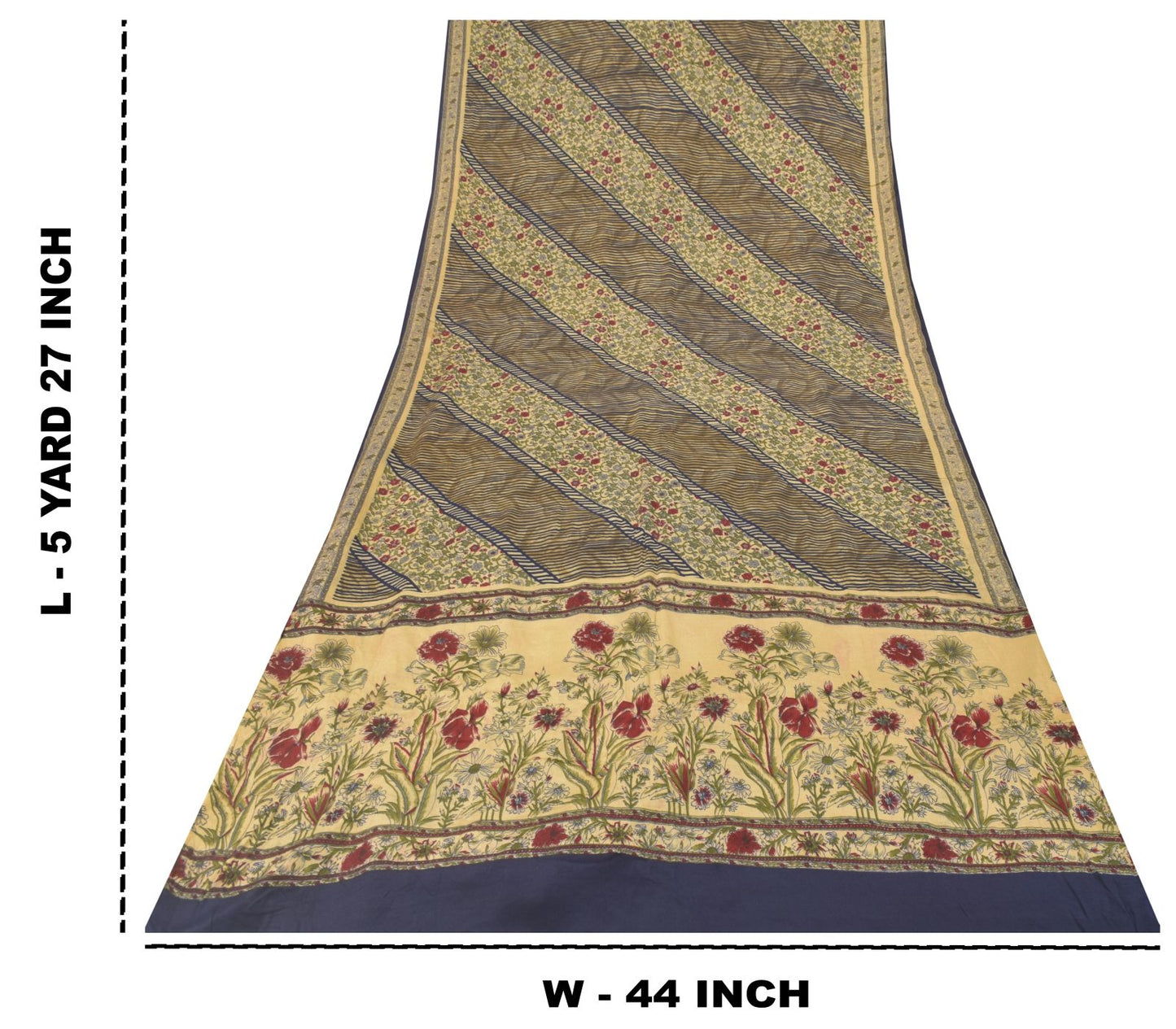 Sanskriti Vintage Soft Cream-Blue Pure Crepe Silk Sari Floral Print Saree 5.5Yd