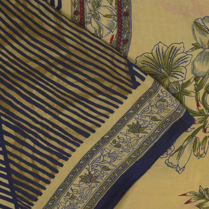 Sanskriti Vintage Soft Cream-Blue Pure Crepe Silk Sari Floral Print Saree 5.5Yd