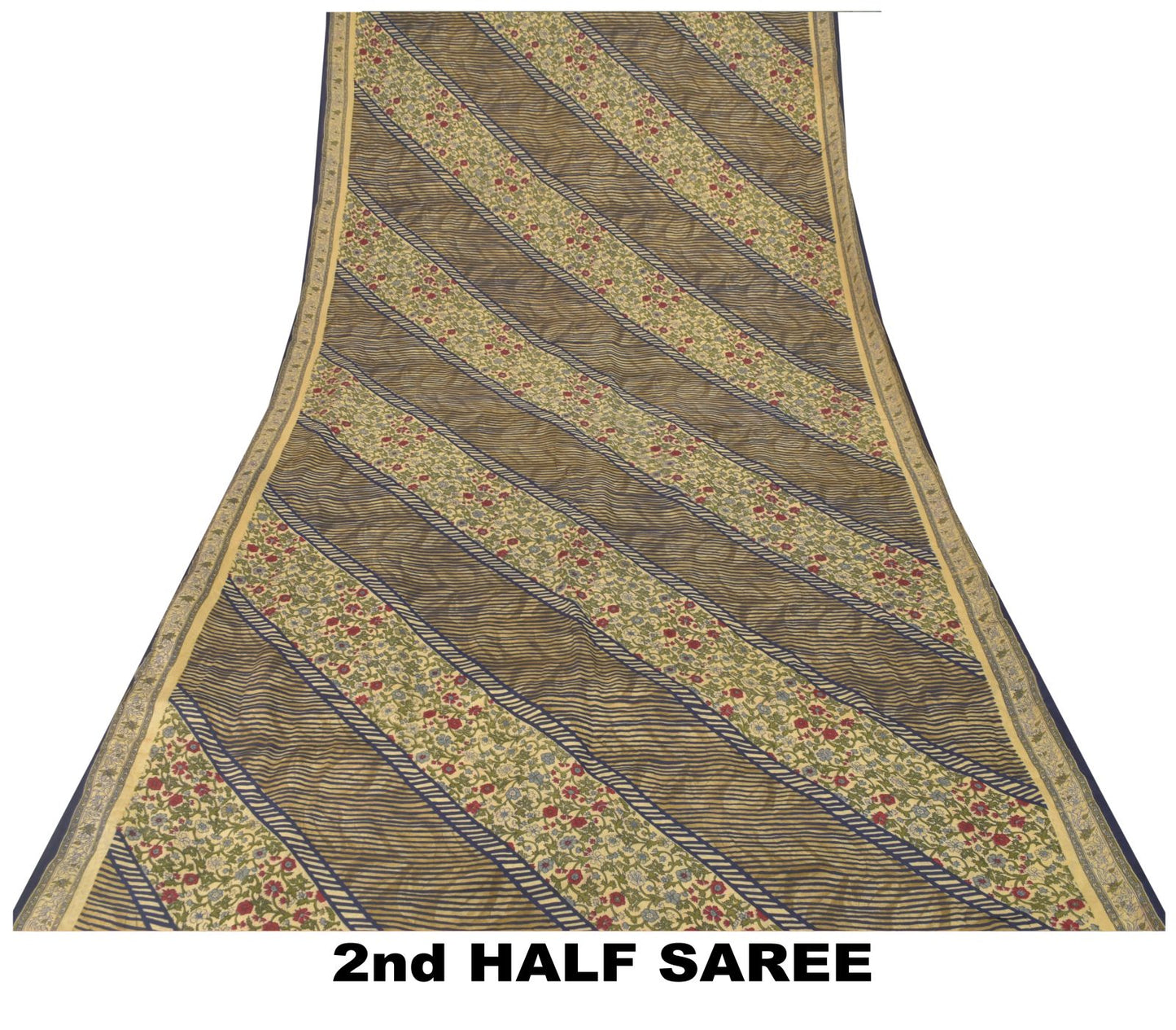 Sanskriti Vintage Soft Cream-Blue Pure Crepe Silk Sari Floral Print Saree 5.5Yd