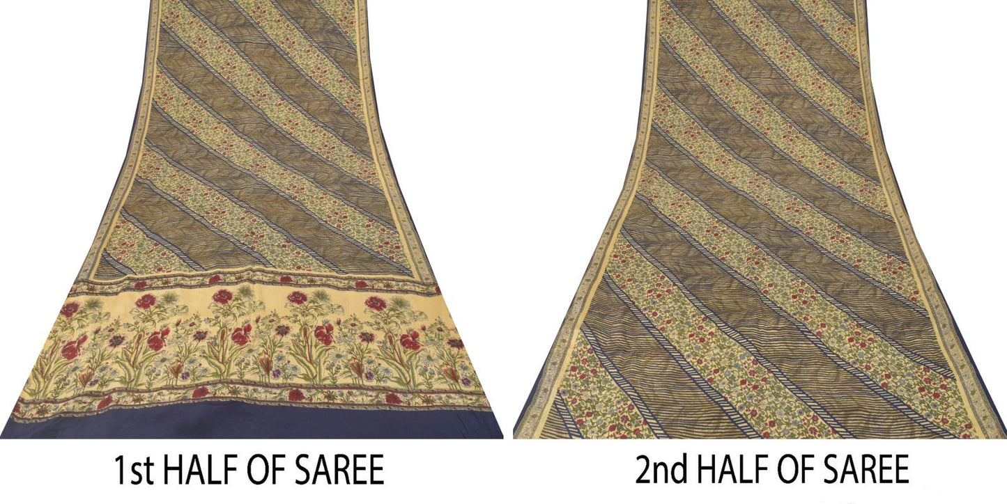 Sanskriti Vintage Soft Cream-Blue Pure Crepe Silk Sari Floral Print Saree 5.5Yd