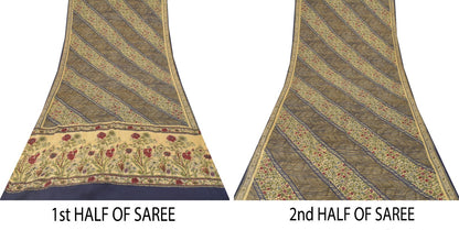 Sanskriti Vintage Soft Cream-Blue Pure Crepe Silk Sari Floral Print Saree 5.5Yd