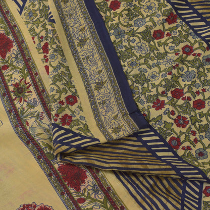 Sanskriti Vintage Soft Cream-Blue Pure Crepe Silk Sari Floral Print Saree 5.5Yd