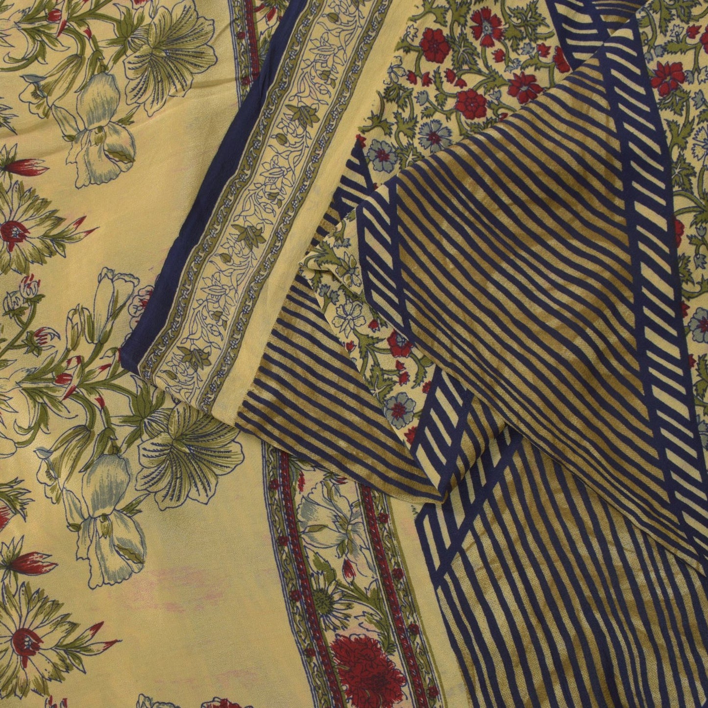 Sanskriti Vintage Soft Cream-Blue Pure Crepe Silk Sari Floral Print Saree 5.5Yd