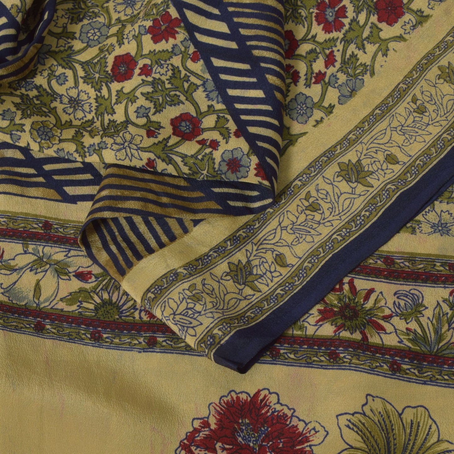 Sanskriti Vintage Soft Cream-Blue Pure Crepe Silk Sari Floral Print Saree 5.5Yd