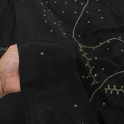 Sanskriti Vintage Soft Black Pure Crepe Silk Sari Hand Beaded Zari Saree 5.5Yd