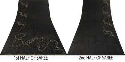 Sanskriti Vintage Soft Black Pure Crepe Silk Sari Hand Beaded Zari Saree 5.5Yd