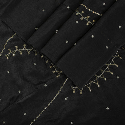 Sanskriti Vintage Soft Black Pure Crepe Silk Sari Hand Beaded Zari Saree 5.5Yd