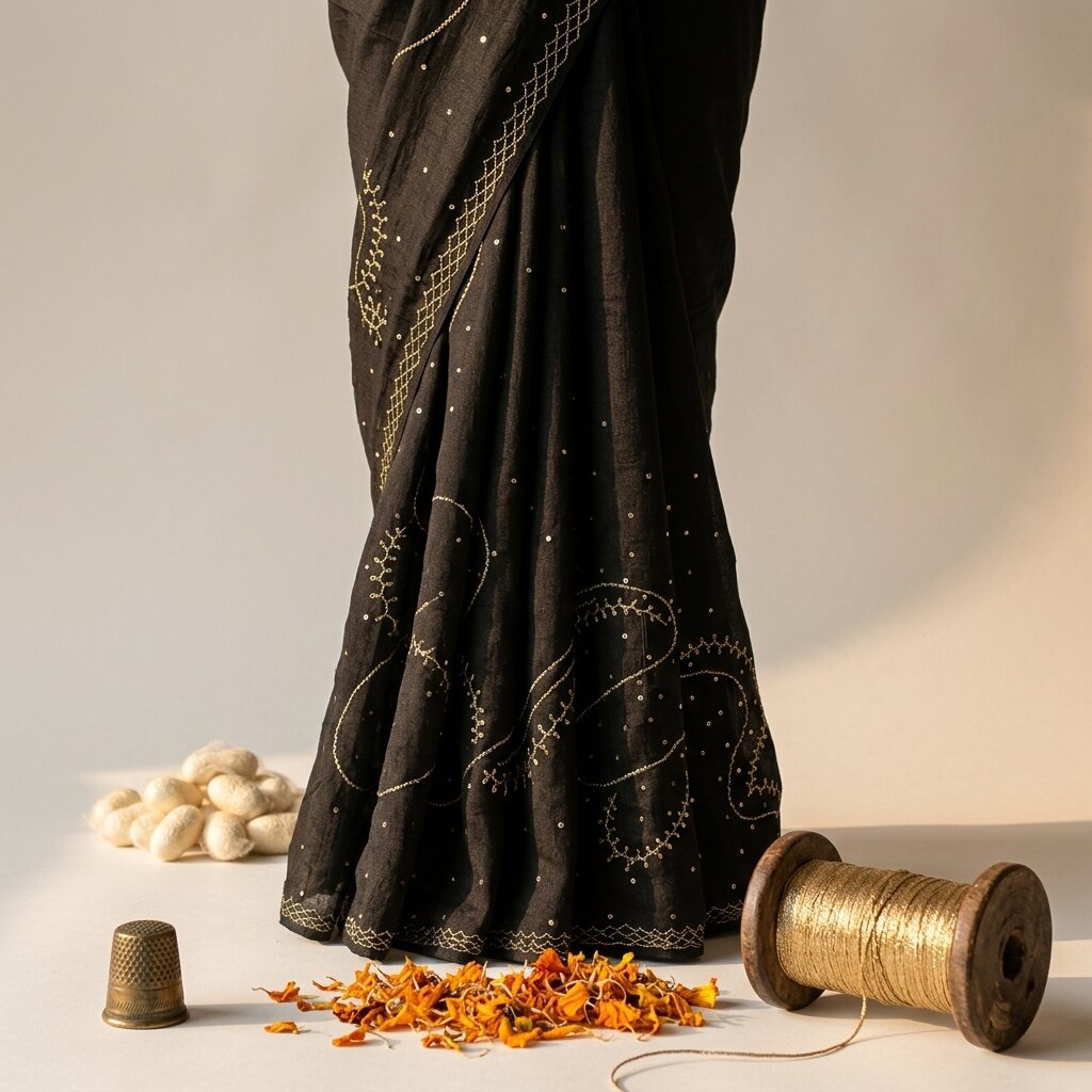 Sanskriti Vintage Soft Black Pure Crepe Silk Sari Hand Beaded Zari Saree 5.5Yd