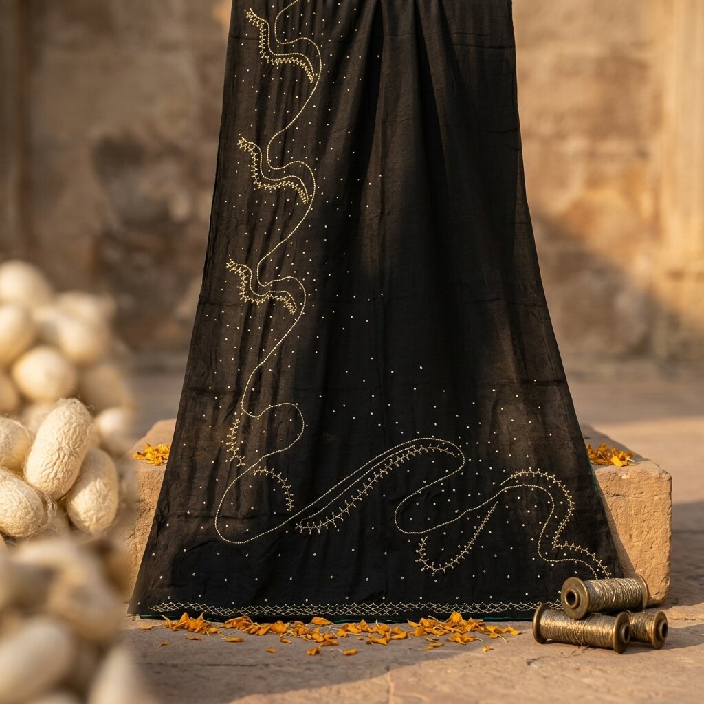 Sanskriti Vintage Soft Black Pure Crepe Silk Sari Hand Beaded Zari Saree 5.5Yd