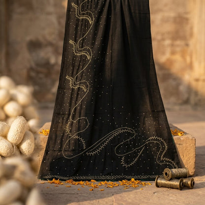 Sanskriti Vintage Soft Black Pure Crepe Silk Sari Hand Beaded Zari Saree 5.5Yd