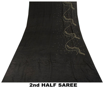 Sanskriti Vintage Soft Black Pure Crepe Silk Sari Hand Beaded Zari Saree 5.5Yd