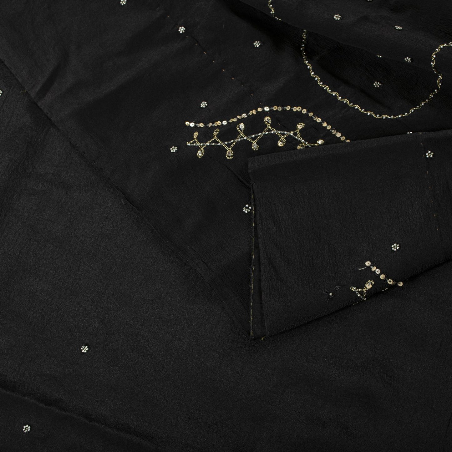 Sanskriti Vintage Soft Black Pure Crepe Silk Sari Hand Beaded Zari Saree 5.5Yd