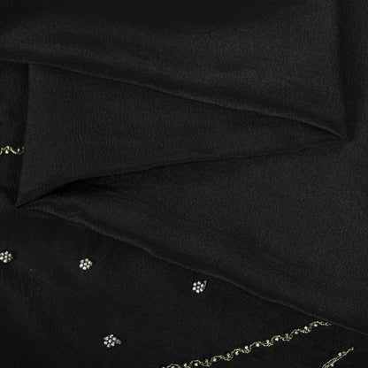 Sanskriti Vintage Soft Black Pure Crepe Silk Sari Hand Beaded Zari Saree 5.5Yd