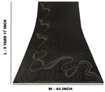Sanskriti Vintage Soft Black Pure Crepe Silk Sari Hand Beaded Zari Saree 5.5Yd