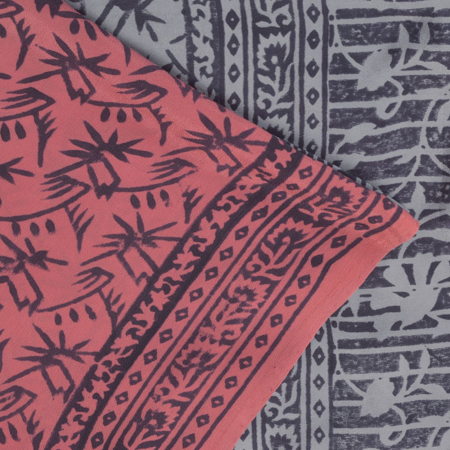 Sanskriti Vintage Blue-Pink Pure Crepe Silk Sari Hand Block Printed Saree 5.5Yd