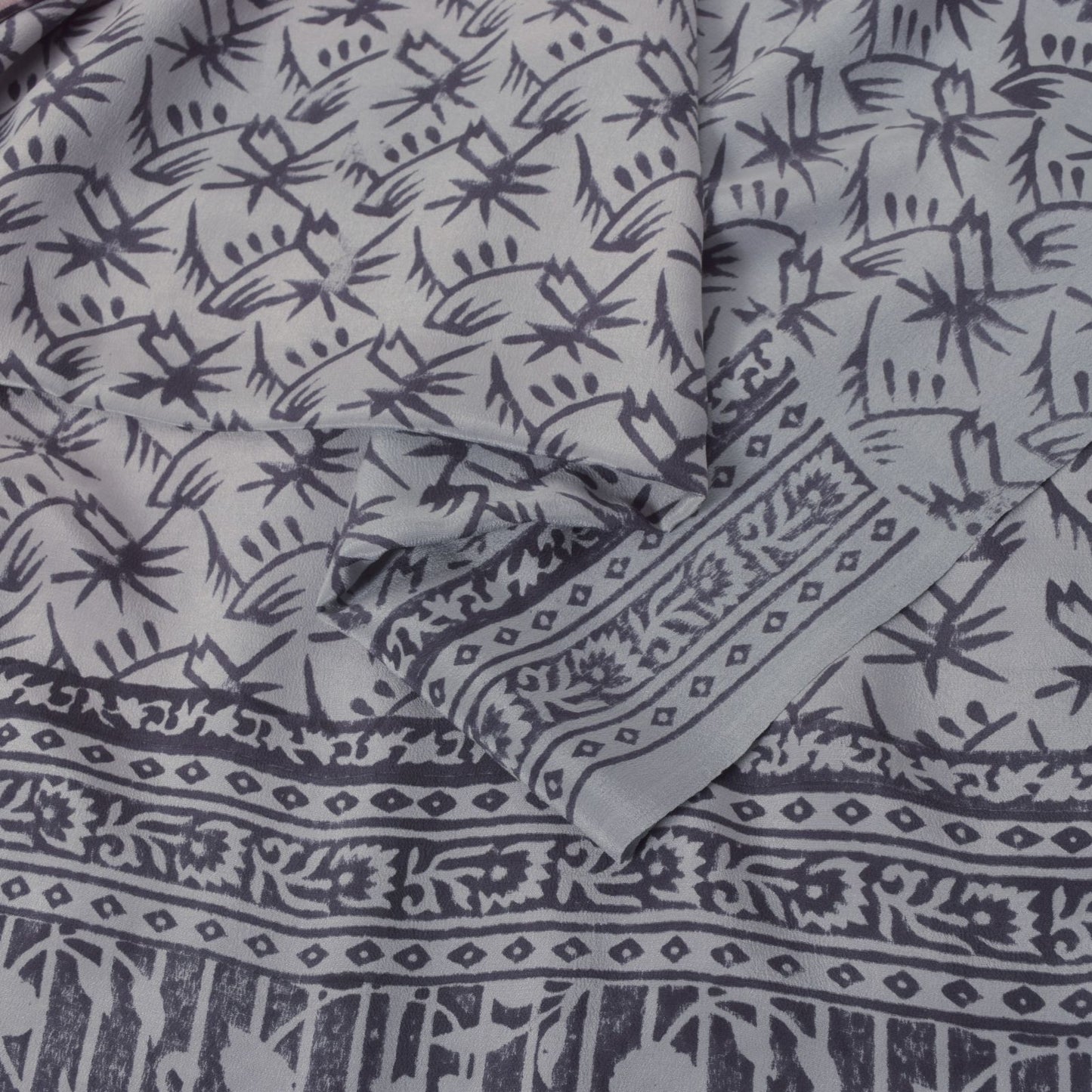 Sanskriti Vintage Blue-Pink Pure Crepe Silk Sari Hand Block Printed Saree 5.5Yd