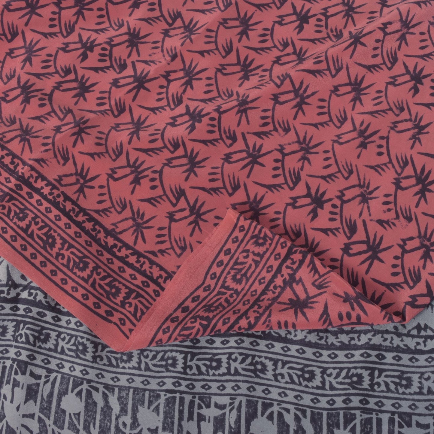 Sanskriti Vintage Blue-Pink Pure Crepe Silk Sari Hand Block Printed Saree 5.5Yd