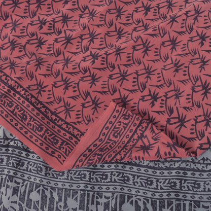 Sanskriti Vintage Blue-Pink Pure Crepe Silk Sari Hand Block Printed Saree 5.5Yd