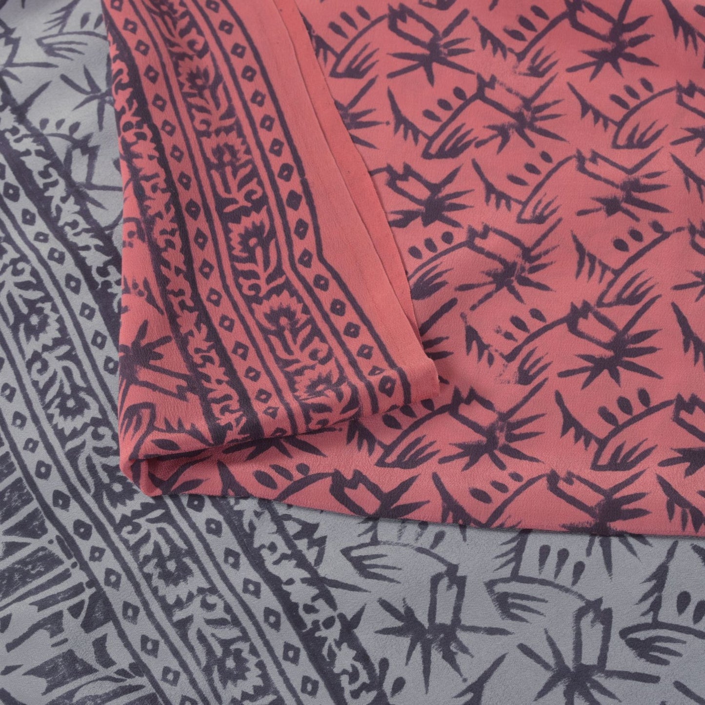 Sanskriti Vintage Blue-Pink Pure Crepe Silk Sari Hand Block Printed Saree 5.5Yd