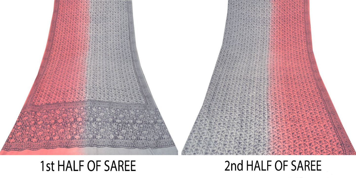 Sanskriti Vintage Blue-Pink Pure Crepe Silk Sari Hand Block Printed Saree 5.5Yd