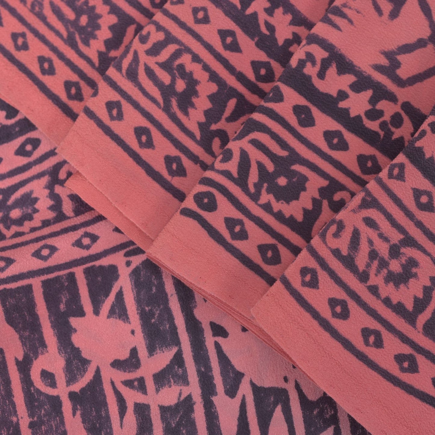 Sanskriti Vintage Blue-Pink Pure Crepe Silk Sari Hand Block Printed Saree 5.5Yd