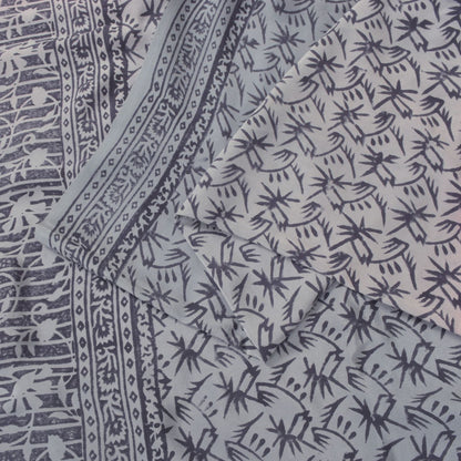 Sanskriti Vintage Blue-Pink Pure Crepe Silk Sari Hand Block Printed Saree 5.5Yd