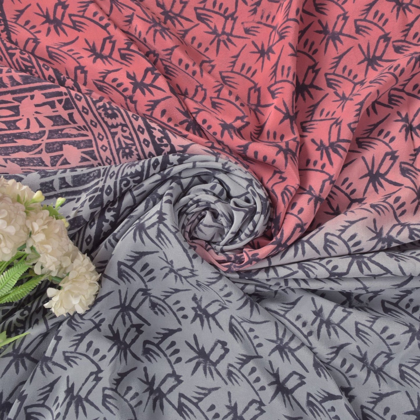 Sanskriti Vintage Blue-Pink Pure Crepe Silk Sari Hand Block Printed Saree 5.5Yd
