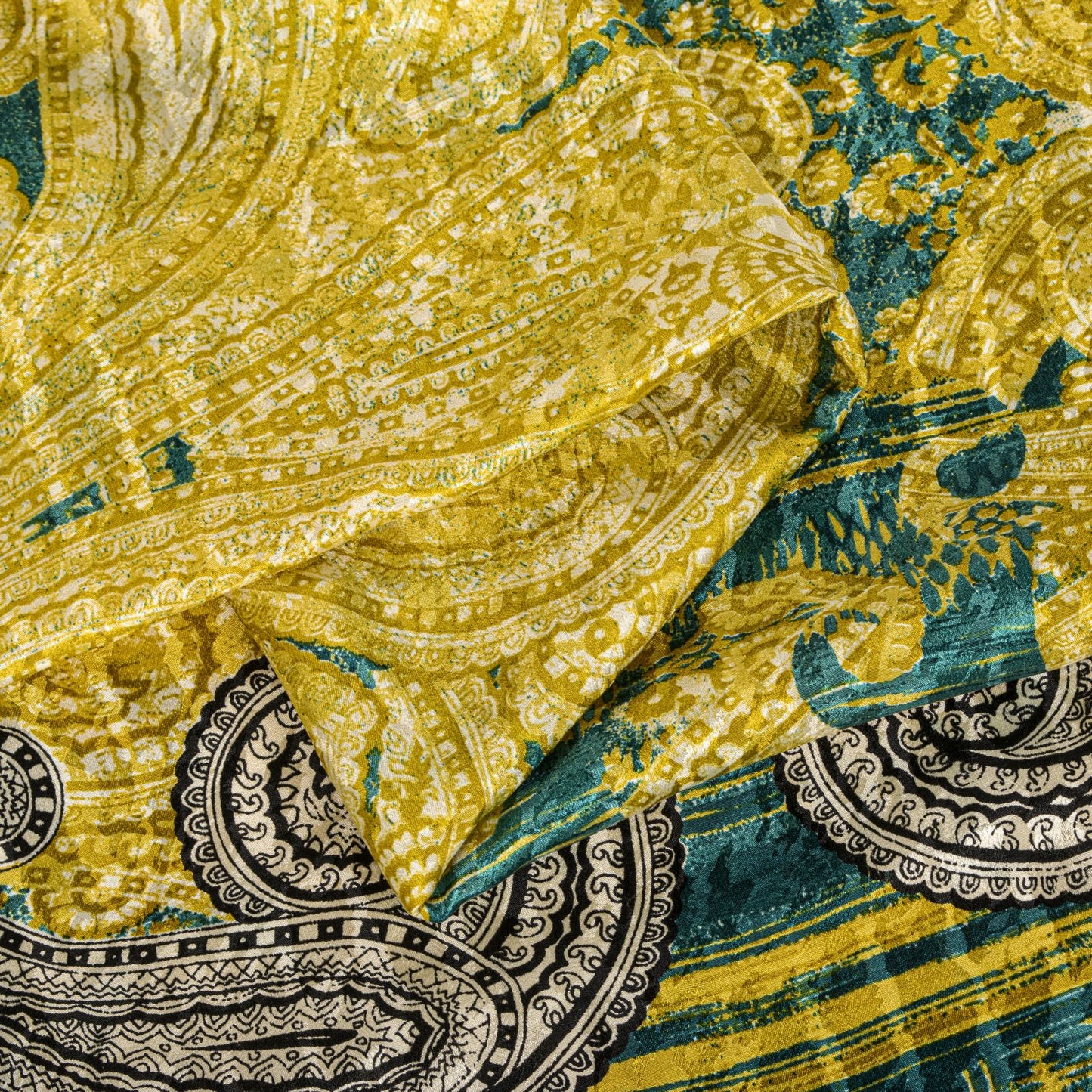 Sanskriti Vintage Soft Yellow-Green Crepe Silk Sari Paisley Printed Saree 6+Yard