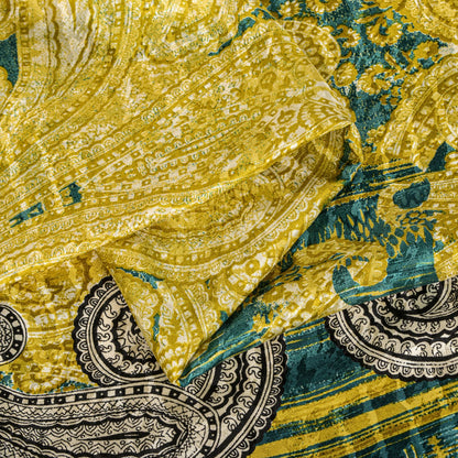 Sanskriti Vintage Soft Yellow-Green Crepe Silk Sari Paisley Printed Saree 6+Yard
