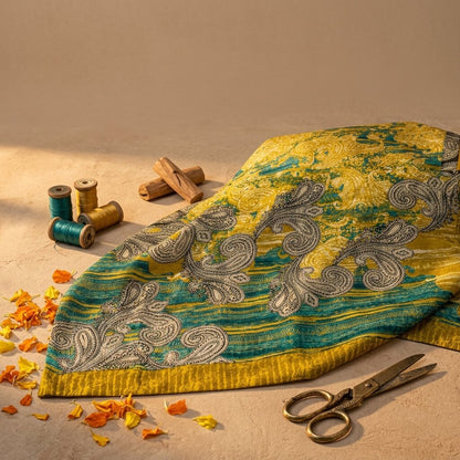 Sanskriti Vintage Soft Yellow-Green Crepe Silk Sari Paisley Printed Saree 6+Yard