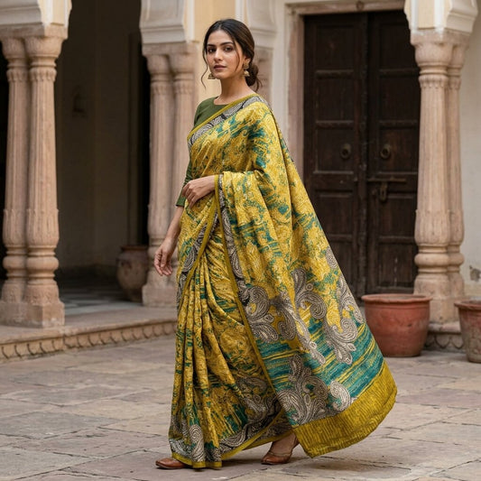 Sanskriti Vintage Soft Yellow-Green Crepe Silk Sari Paisley Printed Saree 6+Yard