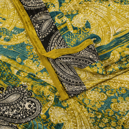 Sanskriti Vintage Soft Yellow-Green Crepe Silk Sari Paisley Printed Saree 6+Yard