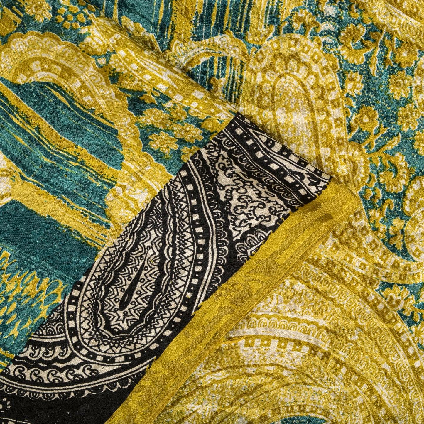Sanskriti Vintage Soft Yellow-Green Crepe Silk Sari Paisley Printed Saree 6+Yard