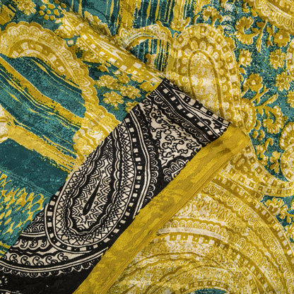 Sanskriti Vintage Soft Yellow-Green Crepe Silk Sari Paisley Printed Saree 6+Yard