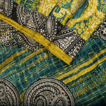 Sanskriti Vintage Soft Yellow-Green Crepe Silk Sari Paisley Printed Saree 6+Yard
