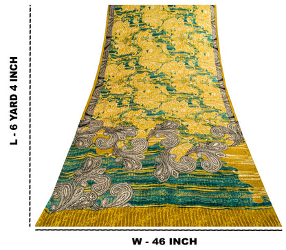 Sanskriti Vintage Soft Yellow-Green Crepe Silk Sari Paisley Printed Saree 6+Yard