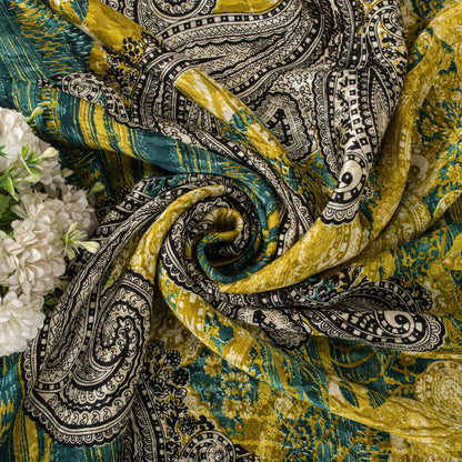 Sanskriti Vintage Soft Yellow-Green Crepe Silk Sari Paisley Printed Saree 6+Yard