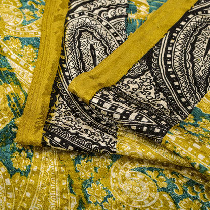 Sanskriti Vintage Soft Yellow-Green Crepe Silk Sari Paisley Printed Saree 6+Yard