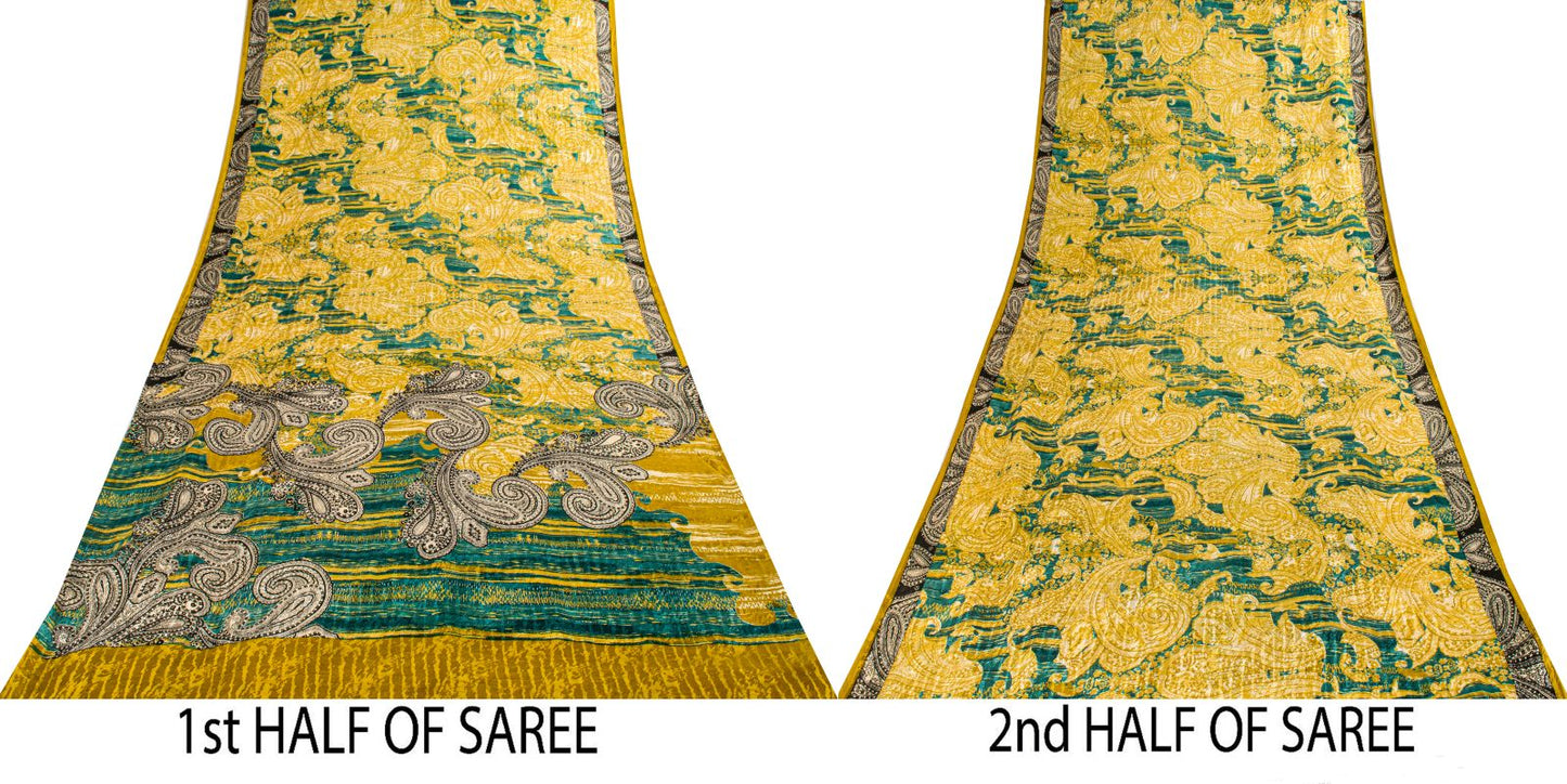 Sanskriti Vintage Soft Yellow-Green Crepe Silk Sari Paisley Printed Saree 6+Yard
